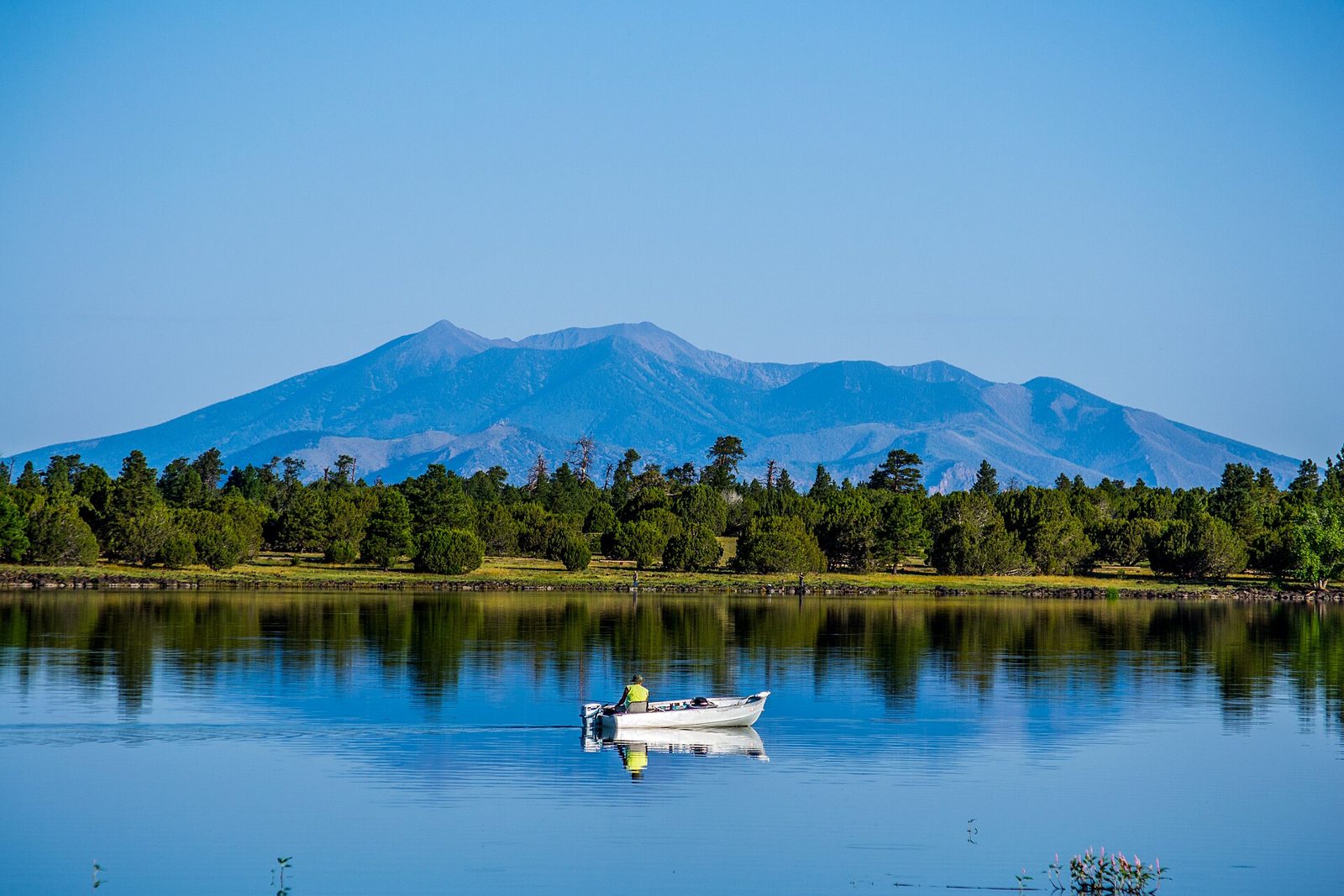 A boat on Ashurst Lake with the San Francisco Peaks behind