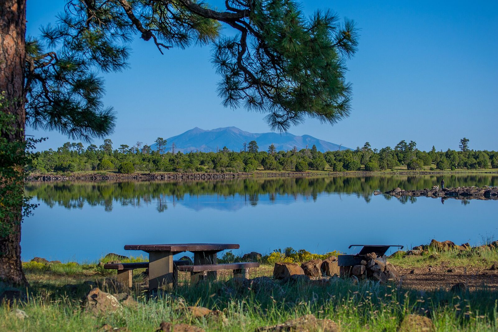 A picnic table on the shore of Ashurst Lake, the San Francisco Peaks in the distance