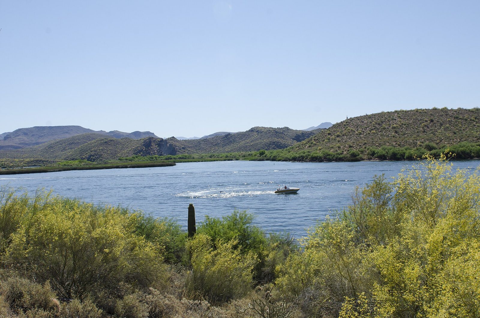 A boat on Saguaro Lake seen from the Butcher Jones Trail near Burro Cove