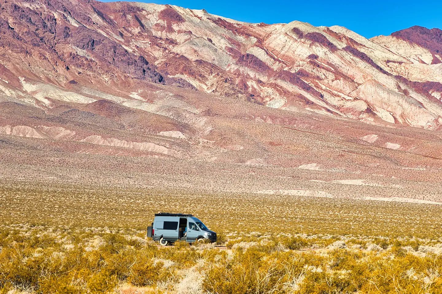 Campervan on dispersed roadside campsite along Greenwater Valley Road