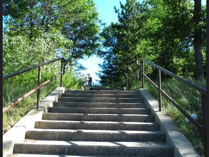 Looking up a flight of stairs from the Kneff Lake Day Use Area