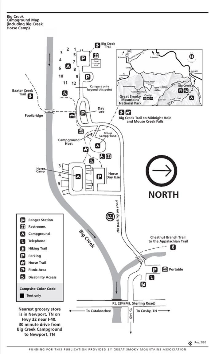 Sites are staggered West (1) to East (12) between Big Creek and the two campground parking areas. There are 4 short trails from the parking areas to the sites