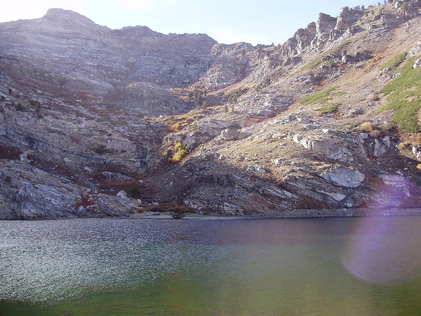 Angel Lake and its cirque, viewed from the dam next to Angel Lake Campground, in October 2012
