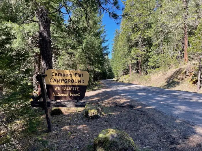 The entrance sign for Campers Flat can be easily seen from Forest Service Road 21 and leads directly to the campground gate