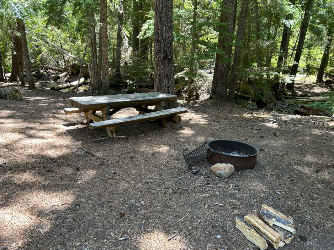A campsite along the creek at Forest Creek Campground