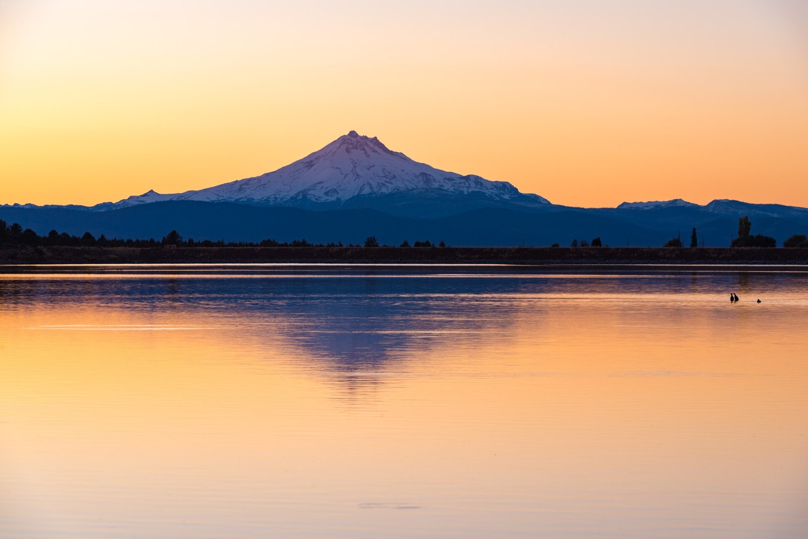 Mount Jefferson over Haystack Reservoir from the campground at sunset