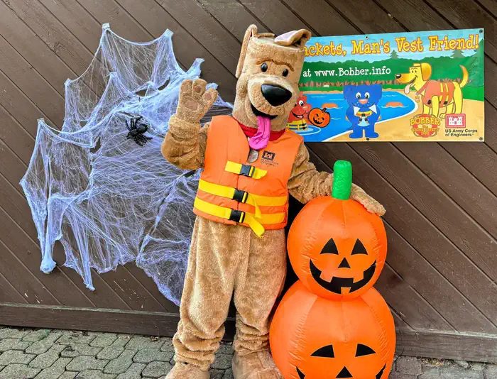 Bobber the Water Safety Dog during Halloween themed camping weekend