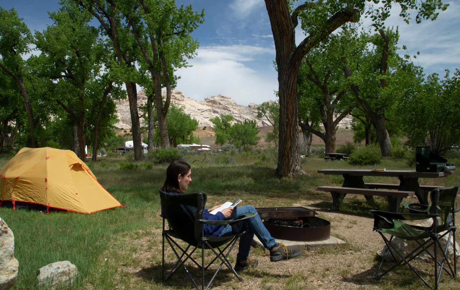 A shaded tent site in the cottonwood grove at Green River Campground
