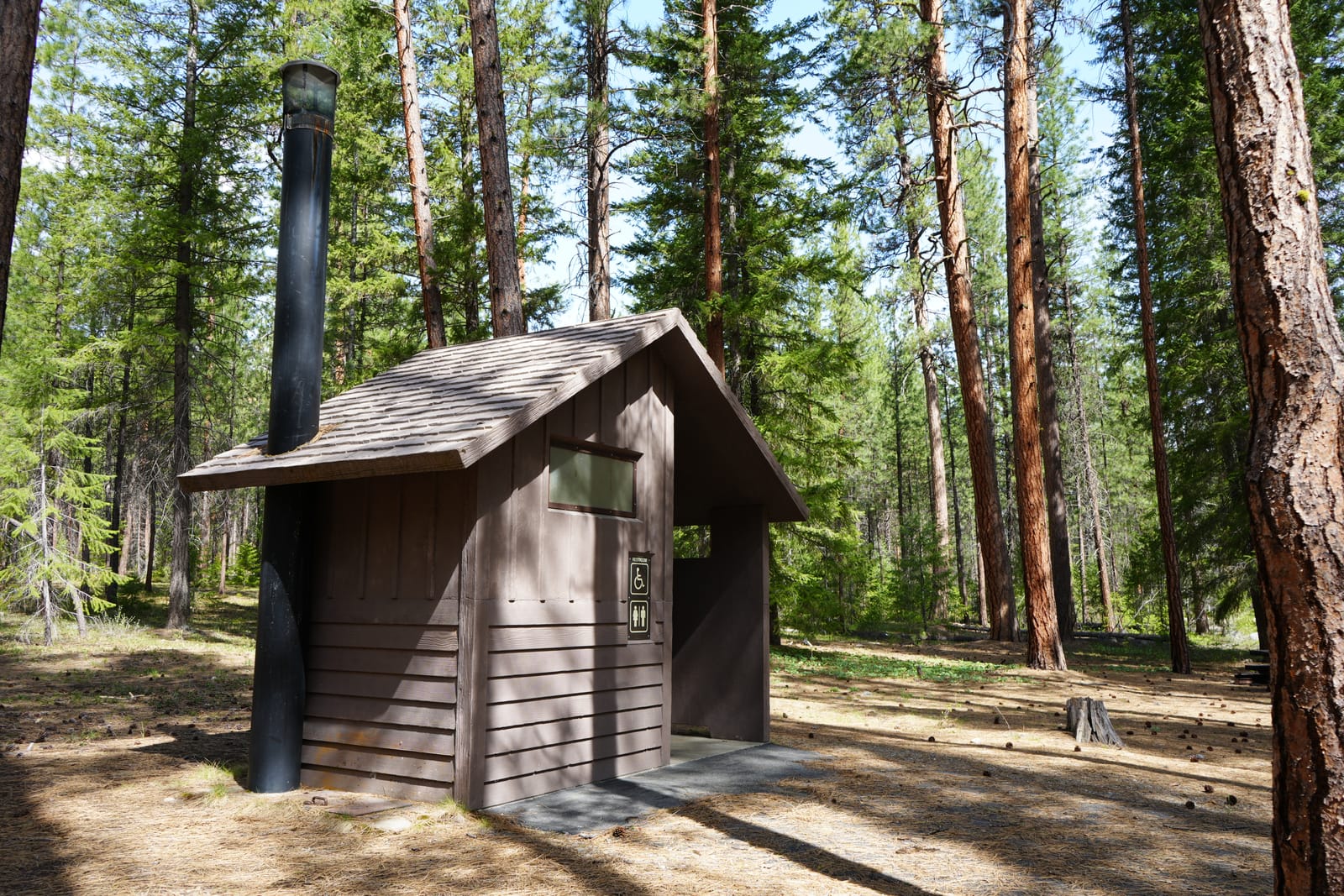 A vault toilet among the pines at Chewuch Campground