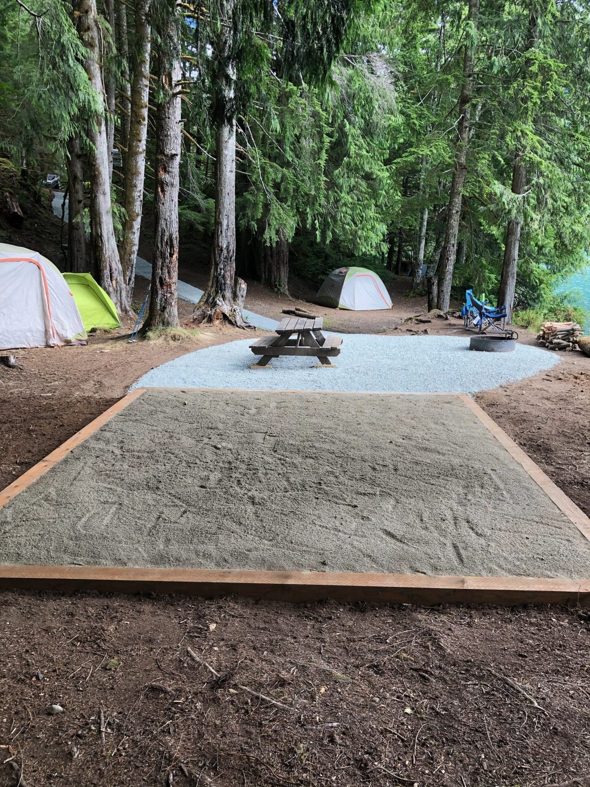 A tent pad and picnic table at Lower Sandy Campground