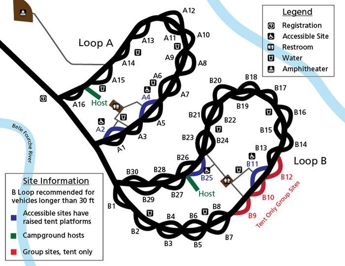 The campground is separated into two loops, with basic services available throughout